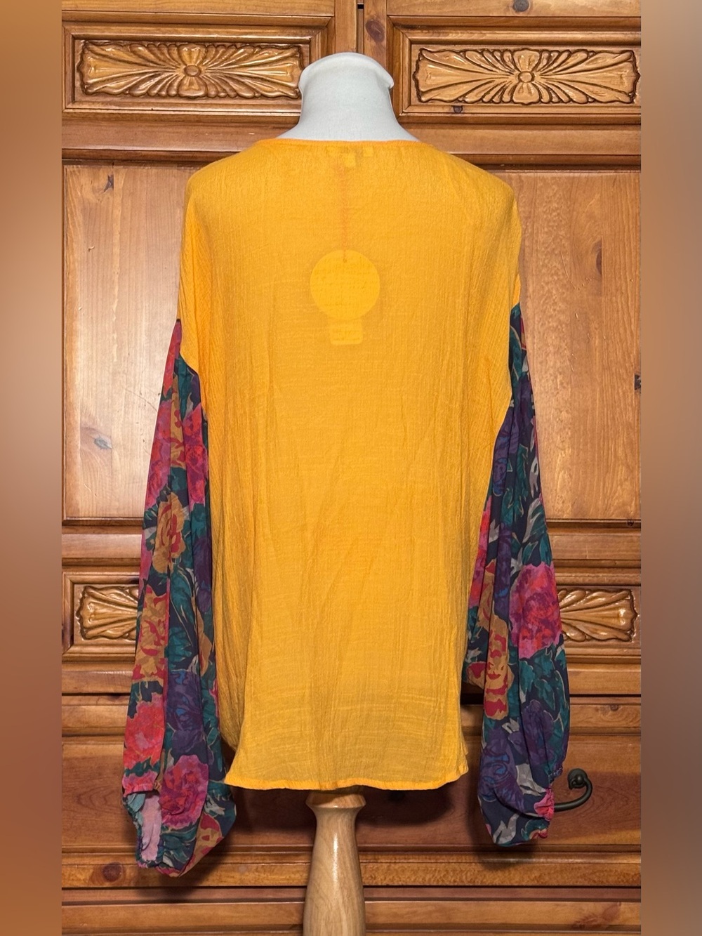 Umgee Mustard V-Neck Top with Floral Balloon Sleeves - Picture 3 of 6